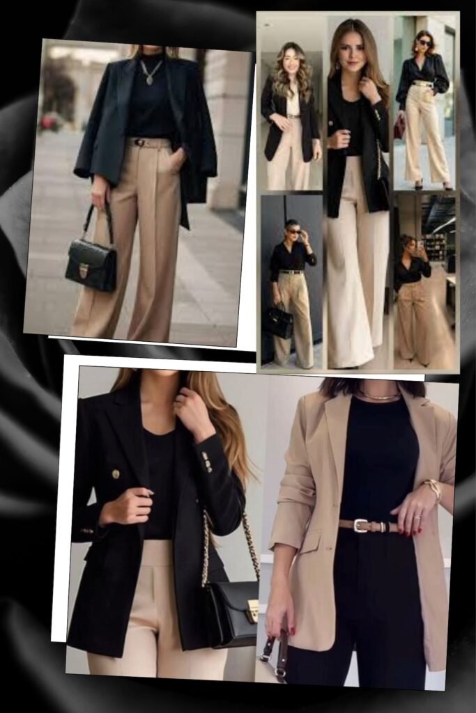 6. Black Blazer and Beige Wide-Leg Pants for Women