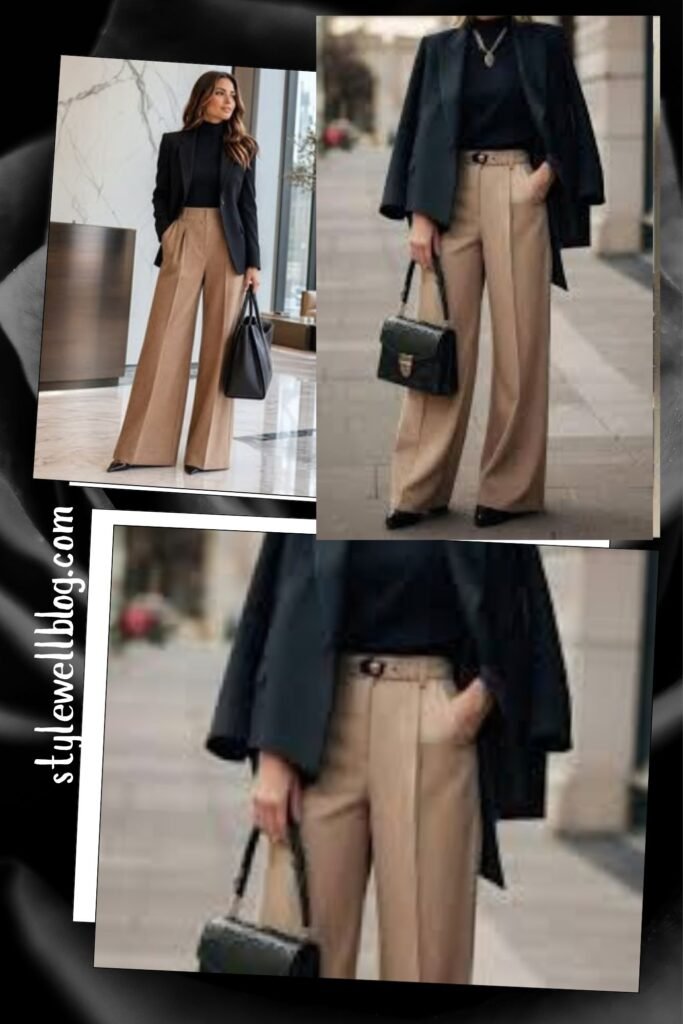 7. Black Blazer and Camel Wide Leg Combo Fashion Style