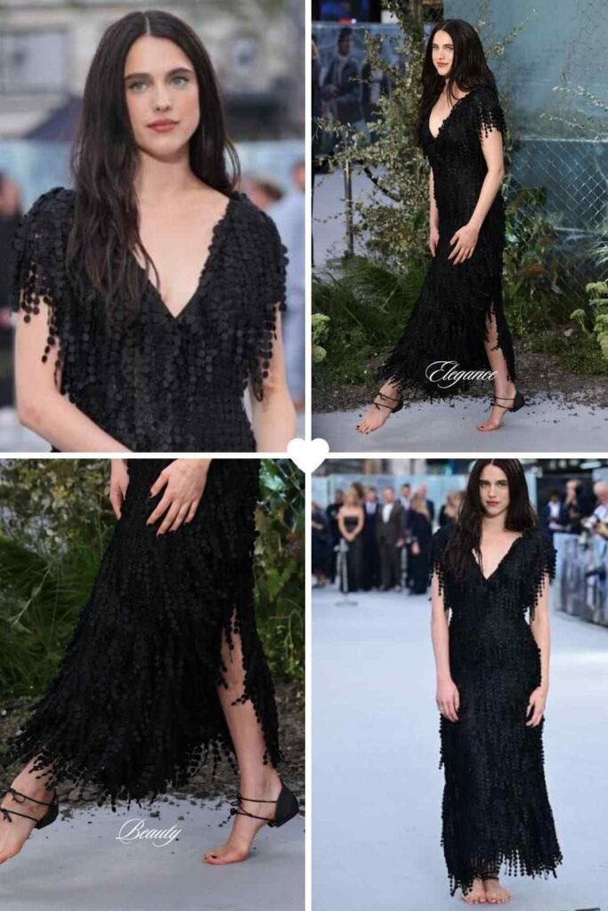 Close-up of Margaret Qualley’s viral sole-less barefoot sandals from Chanel’s Cruise 2027 collection, a hyper-minimalist heel-cap design that defied red-carpet dress codes.