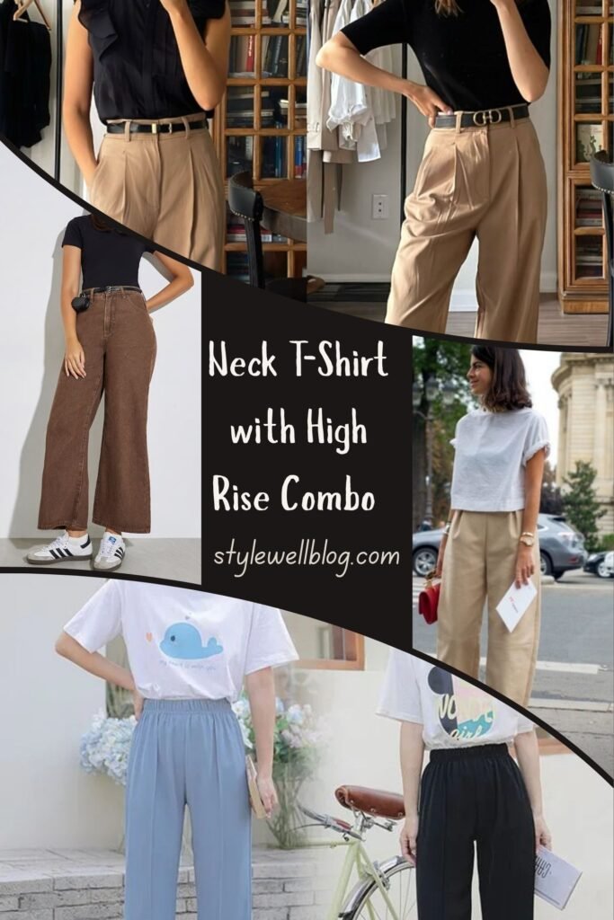 4. Neck Tee Shirt with High Rise Wide Leg Pants for women