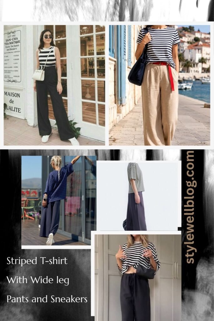 3. Striped T-shirt with Wide Leg Pants and Sneakers