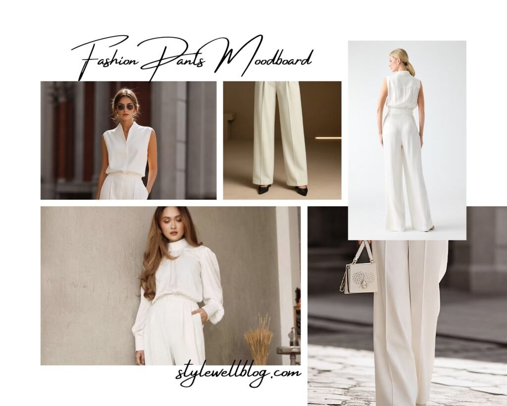 2. White High Stand Collar Blouse with Wide Leg Trousers