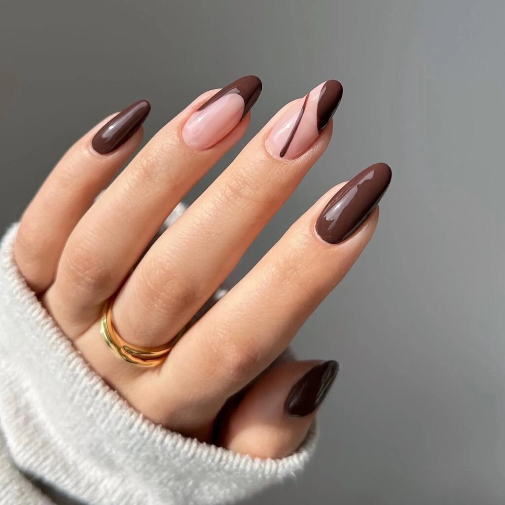 Chocolate Glaze Swirl Almond Manicure : glossy, deep chocolate brown or Espresso palette that is paired with a neutral nude base to mimic skin tone