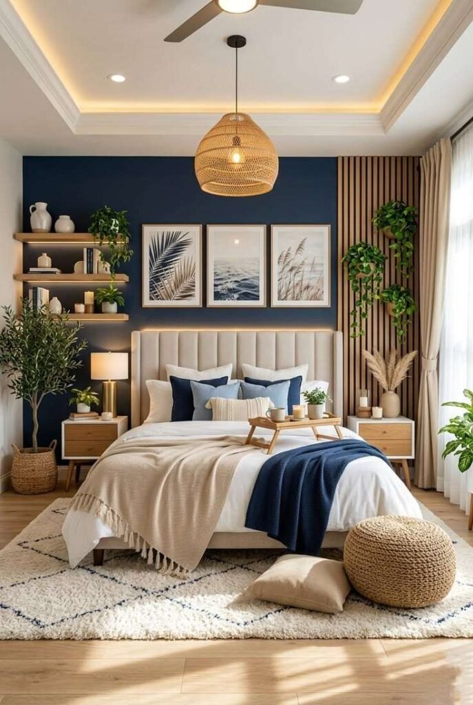Modern Boho Coastal Oasis Interior Decor with Navy Blue & Beige Bedroom - Style Well Blog