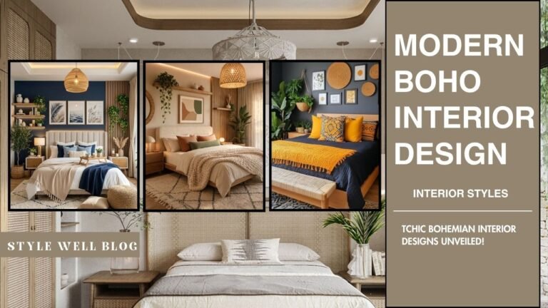 Modern boho interior design showing a cozy, clutter-free living space with earthy tones, textured blankets, a rattan lounge chair, and trailing indoor plants.