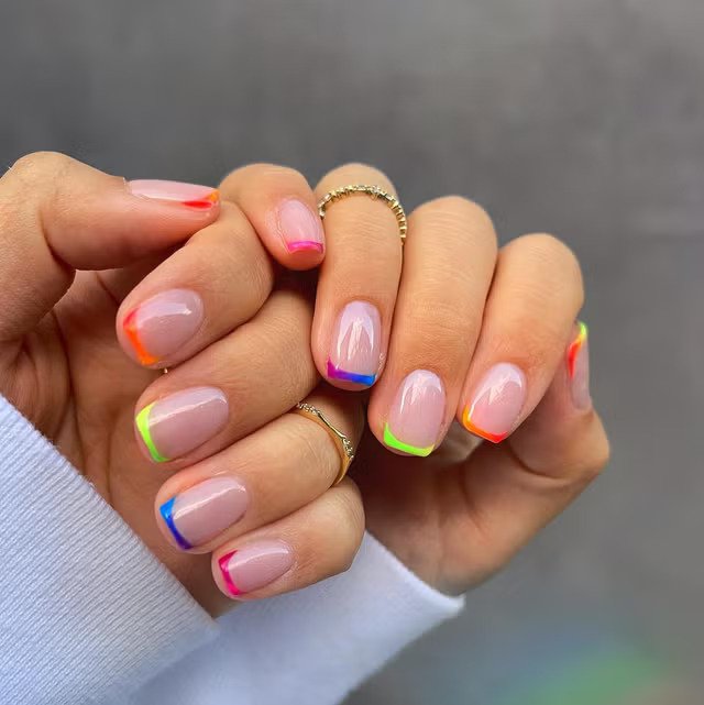 Multicolor Neon Skittles Micro French Manicure Nail Designs