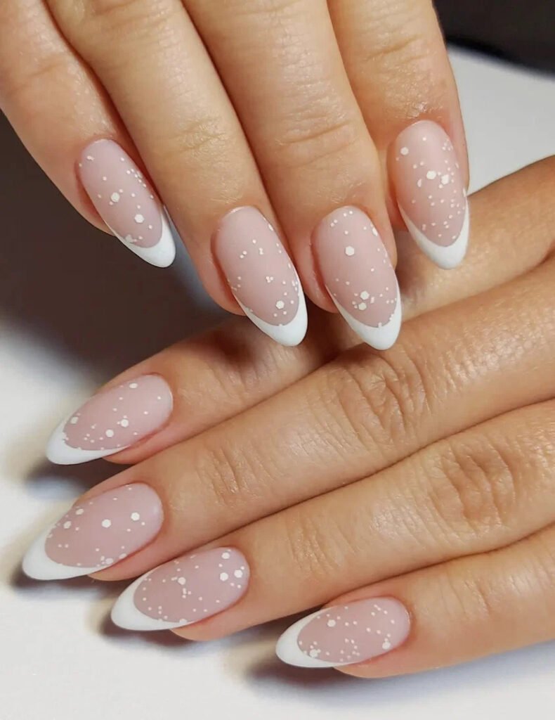Long Pointed scattered Polka Dot French Tip Manicure