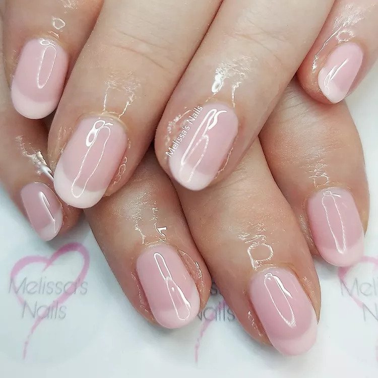 Short Or Micro-Tip American Manicures - Aesthetic short American manicure nail with soft ivory tips, nude base with blurred or diffused smile line with super shiny top coat for heathy glow...