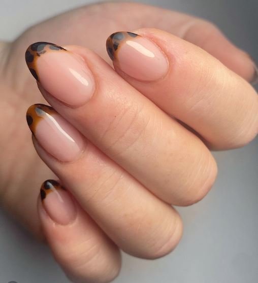 Tortoiseshell Twist American Manicure - Stunning American manicure nails that incorporates glossy tortoise shell tips with a natural pink or nude base and short, rounded almond nails having curved French tip line